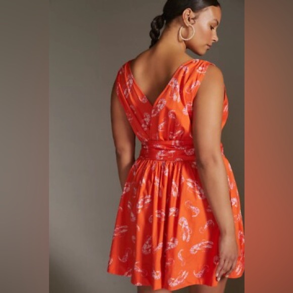 MAEVE ANTHROPOLOGIE Mini Dress Flirty Wrap Sea Shrimp Lobster Orange Dress Sz XS - Picture 2 of 10